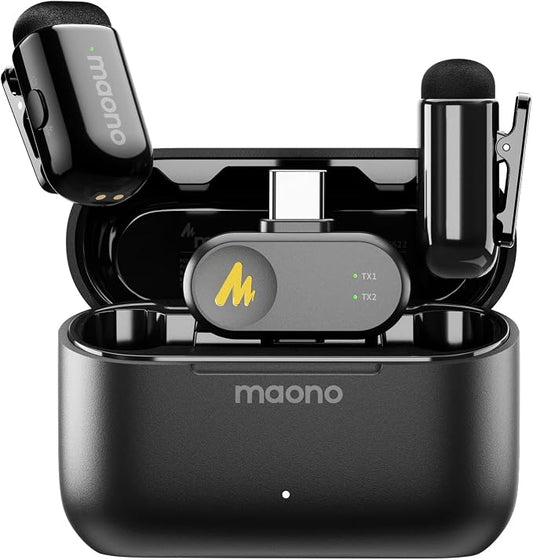 MAONO Wave T1 Mini Wireless Lavalier Microphone for iPhone 17 16 15 & Android with USB-C Plug, Noise Cancellation, AI Voice Filter, 30H Used with Charging Case for Video Recording Vlogging Podcast