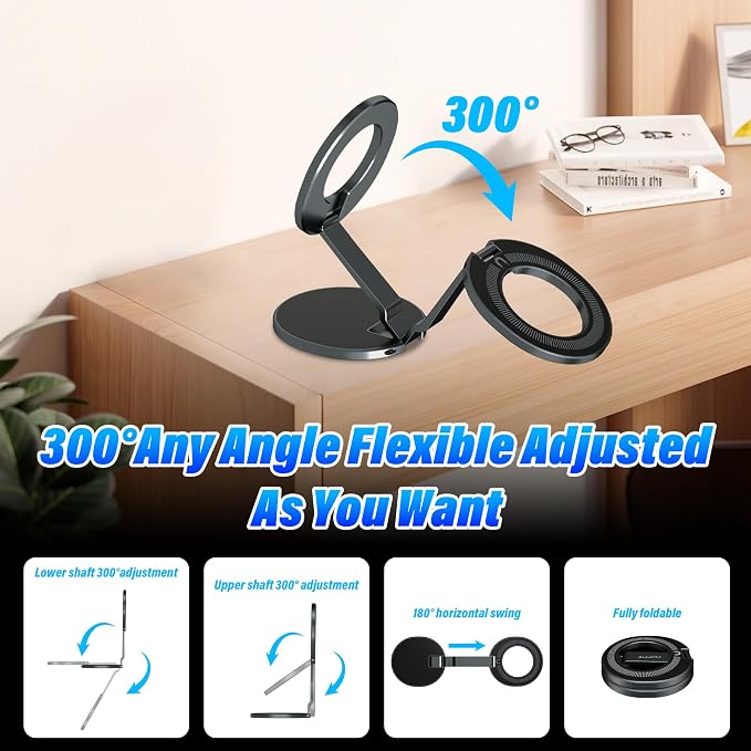 Upgraded Car Phone Holder for Magsafe [3-sided 4200gf Strongest Magnetic] 300° Folding Phone Stand for Desk, Portable Phone Ring Holder Grip, Phone Holders for Your Car Accessories for Phones/Tablets