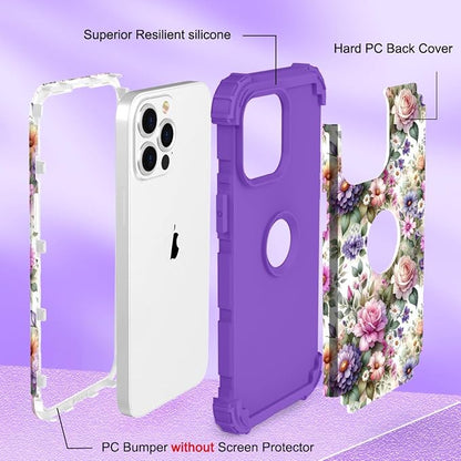 Hocase for iPhone 15 Pro Case, Heavy Duty Shockproof Protection Soft Silicone Rubber Bumper+Hard Plastic Hybrid Protective Case for iPhone 15 Pro 6.1" 2023 - Purple Pink Flowers