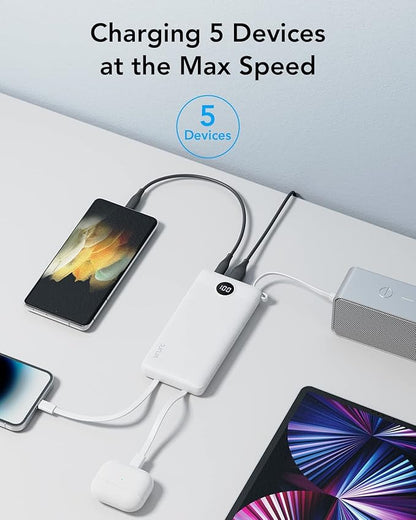 VRURC Portable Charger Built in 4 Cables, Slim Power Bank 10000mAh | Multi Devices Charging Bank with Lanyard, USB C Battery Pack for All Cell Phones, Samsung,Android-White(1 Pack)