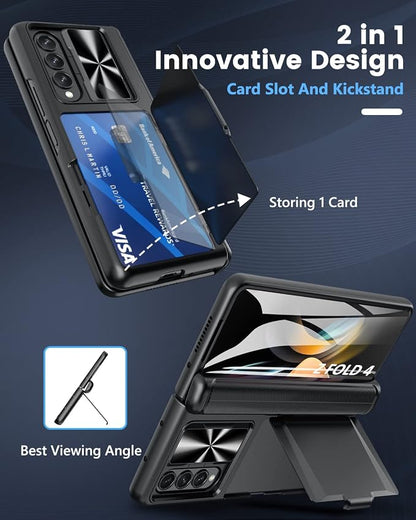 Viaotaily for Galaxy Z Fold 4 Case with Card Holder & Hinge Protection & Slide Camera Lens Cover & Screen Protector, Durable Sturdy Phone Case for Galaxy Z Fold 4 5G 2022 (Black)