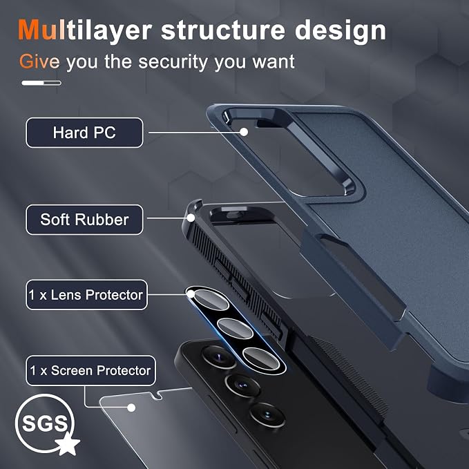 RMOCR Case for Samsung Galaxy S25 Plus, Full Body Heavy Duty Rugged Shockproof Protective Phone Cover with Lanyard Strap, Tempered Glass Screen Protector and Camera Lens Cover, Navy Blue