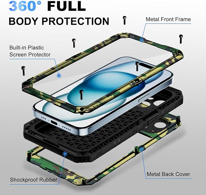 Beasyjoy for iPhone 15 Case Waterproof, Metal Heavy Duty Full Body Protective Case with Built-in Screen Protector, Military Grade Shockproof Dustproof Defender Rugged Cover for iPhone 15 6.1", Camo