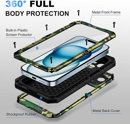 Beasyjoy for iPhone 15 Case Waterproof, Metal Heavy Duty Full Body Protective Case with Built-in Screen Protector, Military Grade Shockproof Dustproof Defender Rugged Cover for iPhone 15 6.1", Camo
