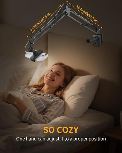 Phone Holder for Bed Desk, Flexible Camera Arm Desk Mount Clamp with Phone Holder and Ball Head, Overhead Tripod Mount for Camera Webcam Ring Light