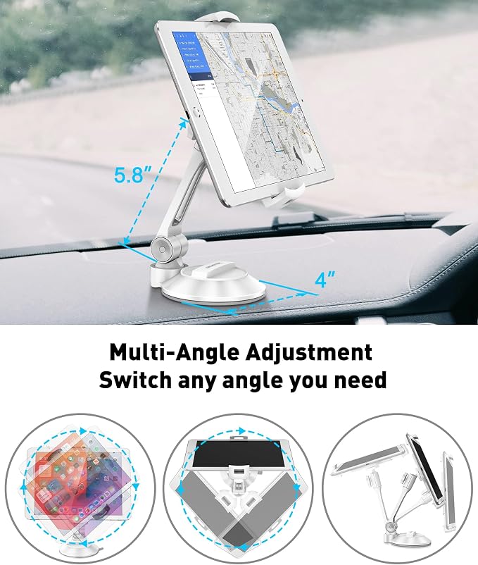 AboveTEK iPad Suction Mount, Phone Tablet Stand Holder with Suction Cup Fits 4"-11" Tablet/Phone/iPad mini/Air, Sticky iPads Mount on Window Bathroom Mirror, for Car Truck Windshield Boat (White)