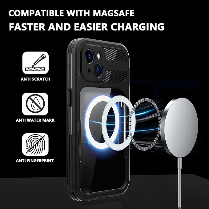 for iPhone 15 Plus 5G Waterproof Case,Compatible with Magsafe,Hybrid Rugged Shockproof Full Body Protective,with Lanyard,Clear Lens/Screen Protector Cover for iPhone 15 Plus 6.7 inch 2023,Black