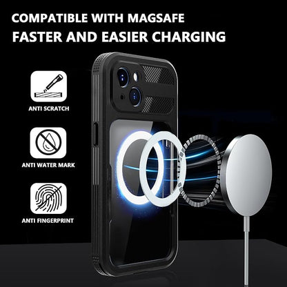 for iPhone 15 Plus 5G Waterproof Case,Compatible with Magsafe,Hybrid Rugged Shockproof Full Body Protective,with Lanyard,Clear Lens/Screen Protector Cover for iPhone 15 Plus 6.7 inch 2023,Black