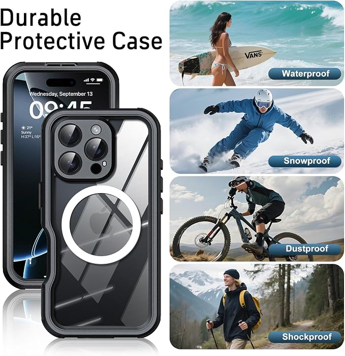 Waterproof Phone Case for iPhone 16 Pro, [Compatible with Magsafe] [IP68 Underwater] [Built-in Screen Protector & Glass Camera Protector] Full Body Shockproof Cover with Lanyard Black/Clear