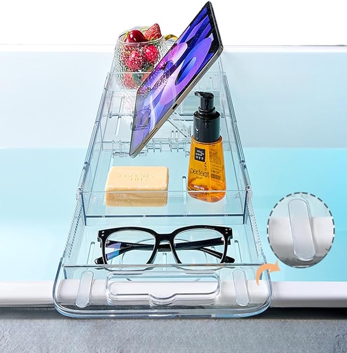 Bathtub Caddy Tray,Adjustable Bathtub Tray Table, Bath Organizer for Relaxing Spa-Features 2 Cup Holders, A Phone Stand with 5 Angle Adjustments,Non-Slip Silicone Pads,Won't Get Moldy,Easy to Clean.