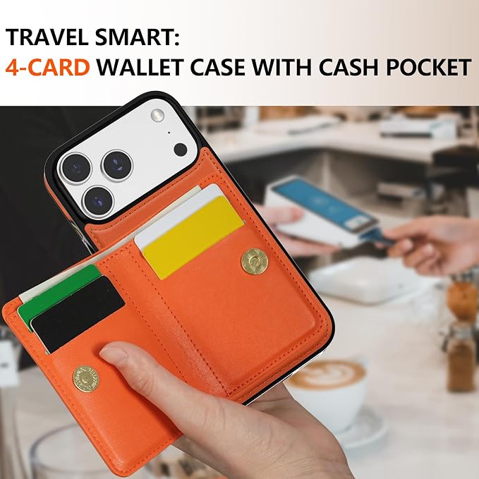 LOHASIC for iPhone 17 Pro Case Wallet with Card Holder, 360° Rotation Ring, RFID Blocking, 5 Card Slots, PU Leather 6.3" Cover for Apple 17 Pro Men Women, Orange