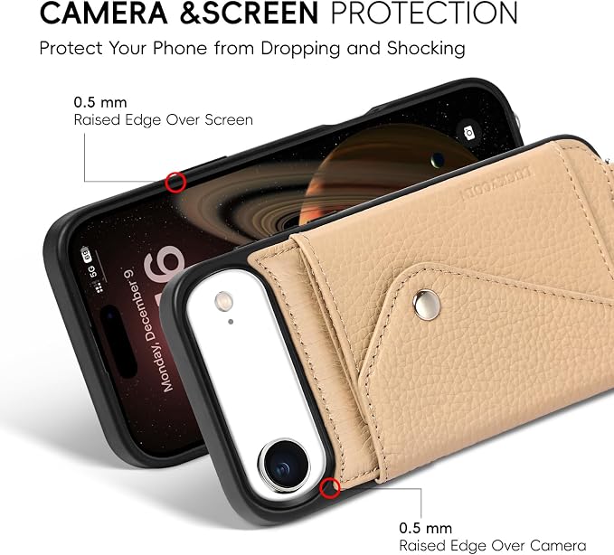 LUCKYCOIN for iPhone Air Crossbody Wallet Case – Genuine Leather Phone Purse with Adjustable Strap and Card Holder,Lanyard Phone Purse Case for Women,Pebble Grain Beige