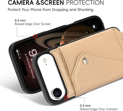 LUCKYCOIN for iPhone Air Crossbody Wallet Case – Genuine Leather Phone Purse with Adjustable Strap and Card Holder,Lanyard Phone Purse Case for Women,Pebble Grain Beige