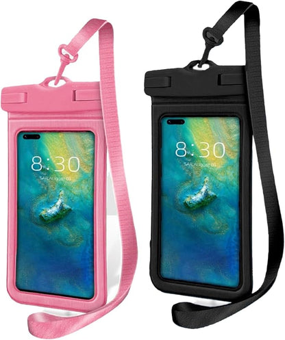 IPX8 Waterproof Phone Case (2-Pack) - Universal Waterproof Phone Pouch for iPhone, Samsung, Pixel up to 7” | Clear Touchscreen for Swimming, Snorkeling, Kayaking & Beach (Pop Pink and Shadow Black)