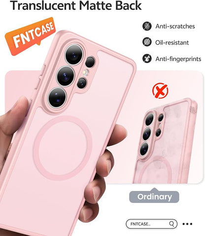 FNTCASE for Samsung Galaxy S26-Ultra Case: [Fit for Magsafe] [Full Camera Protection] Translucent Matte Cases with [Screen Protector] Military Grade Shockproof Protective Phone Cover - Light Pink