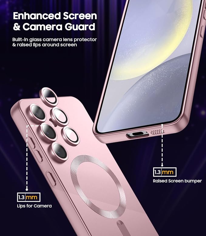 Magnetic for Samsung Galaxy S24 Case [Compatible with MagSafe][Built-in Camera Lens Protector] Slim Soft Silicone Bumper Shockproof Metallic Luster Phone Case (Rose Gold)