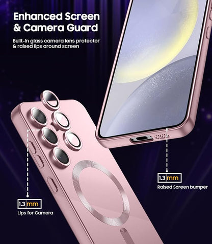 Magnetic for Samsung Galaxy S24 Case [Compatible with MagSafe][Built-in Camera Lens Protector] Slim Soft Silicone Bumper Shockproof Metallic Luster Phone Case (Rose Gold)