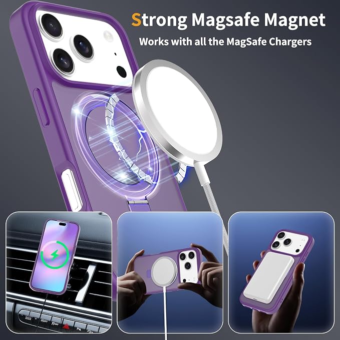 Ultra-Magnetic Stand for iPhone 17 Pro Max Case [Military Drop Protection] [Compatible with MagSafe] Shockproof Translucent Matte Slim Ring Holder Case for iPhone 17 Pro Max (Purple)