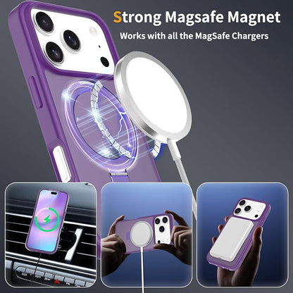 Ultra-Magnetic Stand for iPhone 17 Pro Case [Military Drop Protection] [Compatible with MagSafe] Shockproof Translucent Matte Slim Ring Holder Case for iPhone 17 Pro (Purple)