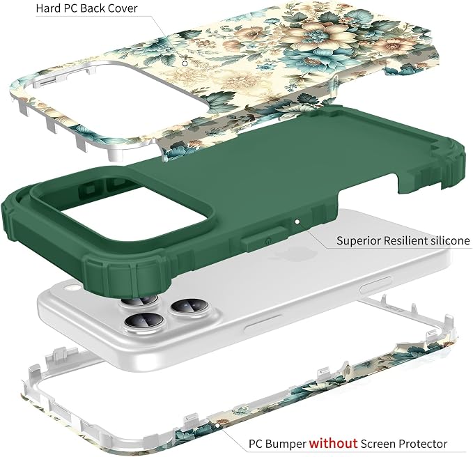 Hocase for iPhone 17 Pro Case 6.3", Heavy Duty Shockproof Protection Soft Silicone Rubber+Hard Plastic Bumpers Hybrid Protective Case for iPhone 17 Pro 2025 - Teal Blue Flowers