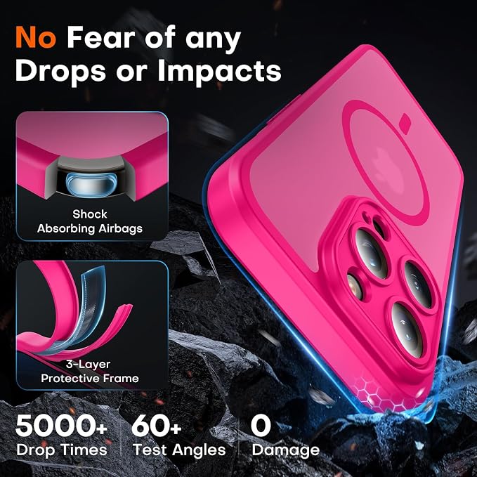TOCOL for Phone 15 Pro Max Case, Compatible with Magsafe Charger, Full Camera Protection, Drop Protection, Translucent Matte Phone Case for iPhone 15 Pro Max 6.7 inch (Hot Pink)