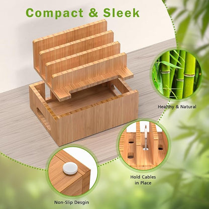Pezin & Hulin Bamboo Charging Station for Multiple Devices with 5 Port USB Charger, 5 Cables, Watch&Earbuds Stand, Electronic Device Desktop Organizer for Cellphone, Tablet, Watch, Earbuds