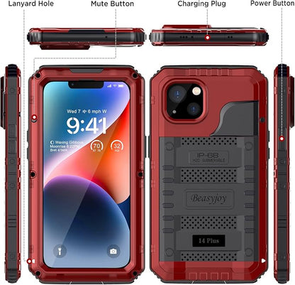 Beasyjoy for iPhone 14 Plus Case, IP68 Waterproof Metal Heavy Duty Defender Case with Built-in Screen Protector, Military Grade Full Body Protective Defender Shockproof Rugged Cover 6.7 Inch, Red