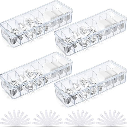 Tatuo 4 Pcs Cord Organizer for Drawer Desktop, Cable Organizer Box with 8 Compartments and Wire Ties, Plastic Charger Storage with Lid, Electronics Case for Home Office Accessories (Small,Clear)
