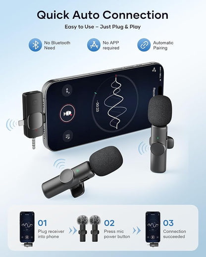 Wireless Microphone for iPhone iPad Android Phone and Camera, 2 Pack Wireless Lavalier Lapel Mic with Noise Reduction, 3 in 1 Mini Microphone for Video Recording Interview Podcast YouTube TikTok Vlog