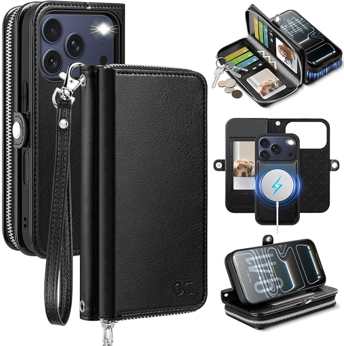OCASE for iPhone 17 Pro Max Crossbody Detachable Wallet Case, PU Leather Handbag Phone Purse with Zipper Closure, Card Slots & RFID Blocking, Wrist Strap, Lanyard, Kickstand, Black