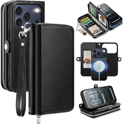 OCASE for iPhone 17 Pro Max Crossbody Detachable Wallet Case, PU Leather Handbag Phone Purse with Zipper Closure, Card Slots & RFID Blocking, Wrist Strap, Lanyard, Kickstand, Black