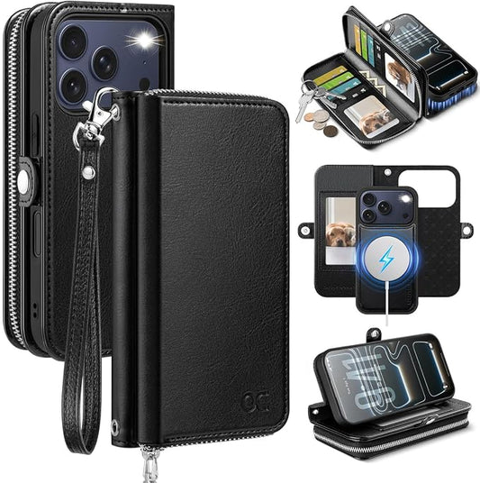 OCASE for iPhone 17 Pro Max Crossbody Detachable Wallet Case, PU Leather Handbag Phone Purse with Zipper Closure, Card Slots & RFID Blocking, Wrist Strap, Lanyard, Kickstand, Black