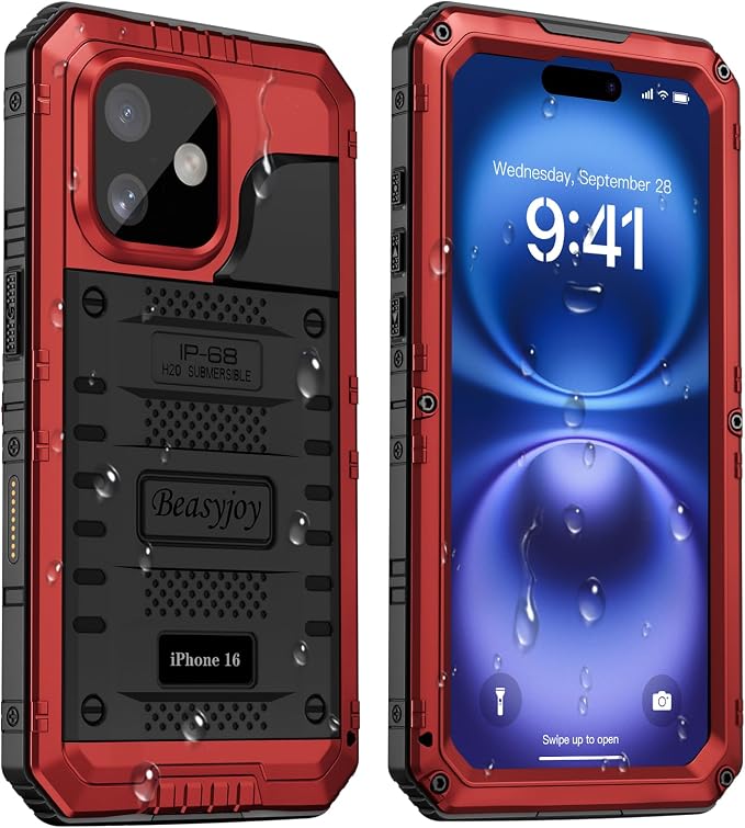 Beasyjoy for iPhone 16 Case Waterproof, Metal Heavy Duty Full Body Protective Case with Built-in Screen Protector, Military Grade Shockproof Dustproof Defender Rugged Cover for iPhone 16 6.1" Red
