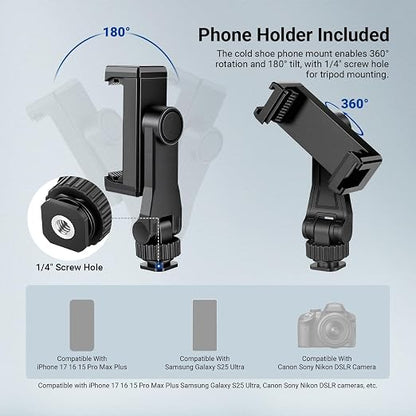 NEEWER Basics Camera Tripod, 74" Tripod with Cell Phone Holder Mount Compatible with iPhone for Video Recording, Professional Aluminum Lightweight Portable Travel Stand with 3 Way Pan Tilt Head, TP56