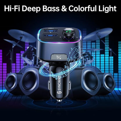 Syncwire Bluetooth 5.3 FM Transmitter Car Adapter 48W(PD 36W & 12W) [Light Switch] [Hi-Fi Deep Bass] [Fast Charging] Wireless Radio Music Adapter LED Display Hands-Free Calling Support USB Drive