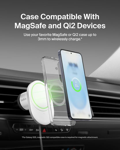 Belkin MagSafe-Compatible Wireless Car Charger 15W, Fast Charging Wireless Charger - Powerful Magnetic Vent Holder for iPhone 17, 16, 15, 14, 13 Series, Pixel 10, Secure Car Phone Mount - White