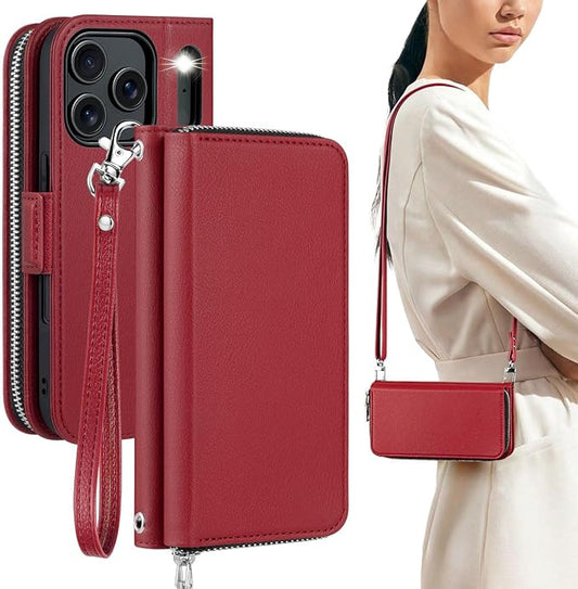 OCASE for iPhone 17 Pro Crossbody Wallet Case - Stylish PU Leather Handbag Phone Purse with Zipper Closure, Card Slots & RFID Blocking - Wrist Strap, Lanyard, Kickstand - Red