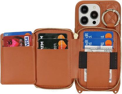 Crossbody Wallet Case for iPhone 14 Pro Max, PU Leather Zipper Handbag Purse Flip Cover, Kickstand Folio Case with Card Slots Holder Wrist Strap Lanyard 5G 6.7 Inch-Brown