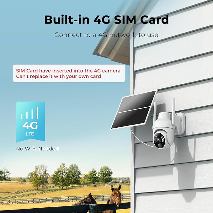 Cellular Security Camera Comes with Pre-Installed 4G LTE SIM Card-No WiFi Security Camera Wireless Outdoor, Color Night Vision, 360° Live Viewing, Instant PIR Motion Alerts and Solar Powered