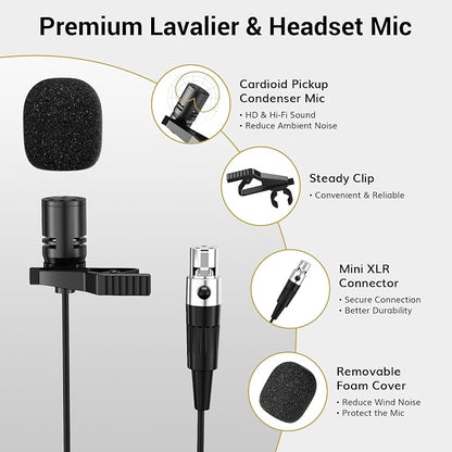 TONOR UHF Wireless Microphone System with Headset Lavalier Lapel Mic, Bodypack Transmitter, Rechargeable Receiver, 2 * 15 Channels 60 m/200ft Range 1/4" Output for Recording, 2 Bodypack Mics