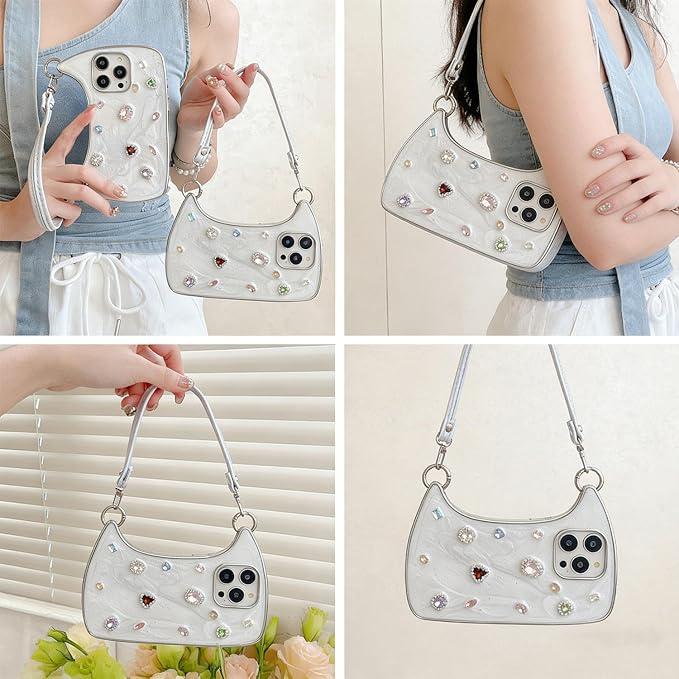 Ethereal Gemstone Aura Handbag for iPhone Case, 3D Cute Luxury Bling Diamond Crystal Rhinestone Handbag Phone Case for iPhone 17/16/15 Pro Max (15promax,White)