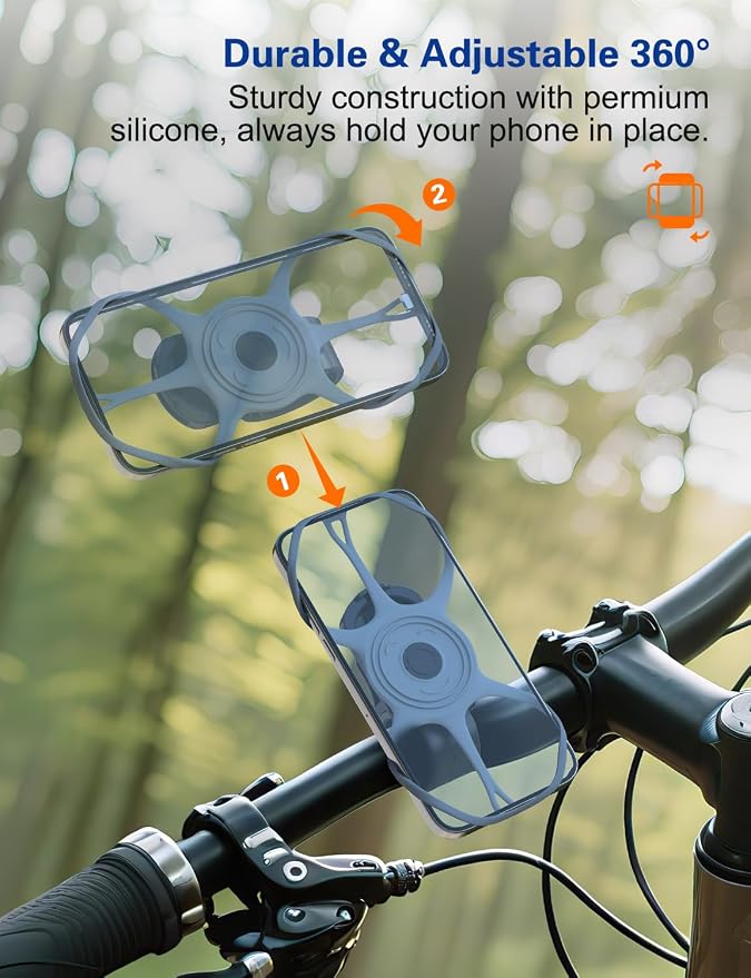 Bike Phone Mount Holder, Detachable Bicycle- 360° Rotatable, Cell Phone Mount for 4"-7" Phones Silicone Bicycle for 16 Pro Max / 15, S10 and More 4.7-6.8" Phone, Grey