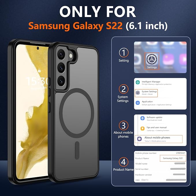 Pilaru for Samsung Galaxy S22 Case [Compatible with Magsafe] Translucent Matte Magnetic Phone Case,Slim Thin Duty Shockproof Protection Cover with 2pc HD Screen Protector-Black