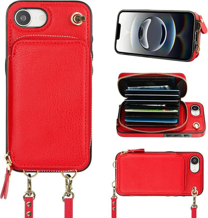 Bocasal Crossbody Wallet Case for iPhone 17e/16e, RFID Blocking Leather Purse Case with Card Holder, Protective Handbag Flip Cover with Zipper Wrist Strap Lanyard for Women 5G 6.1 Inch (Red)
