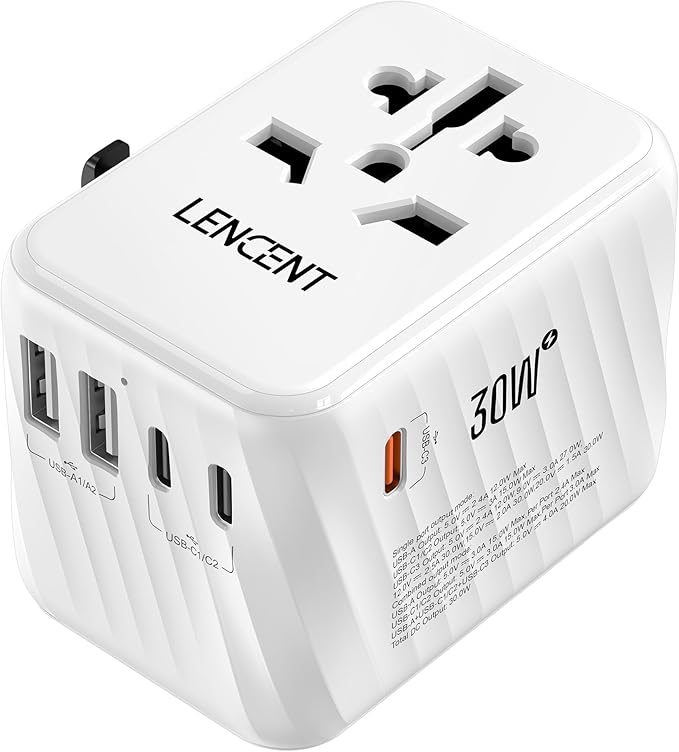 LENCENT Universal Travel Power Adapter, 30W International Wall Charger | with USB C Fast Charging, Worldwide Plug Adaptor Travel Essentials for US to EU UK Ireland Australia Type C/G/A/I White