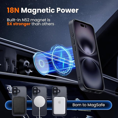3 in 1 for iPhone 16 Plus Case Clear Matte Black | with MagSafe,Screen Protector *1 & Camera Lens Protector*1, Skin Feeling Back Cover Military-Grade Protection