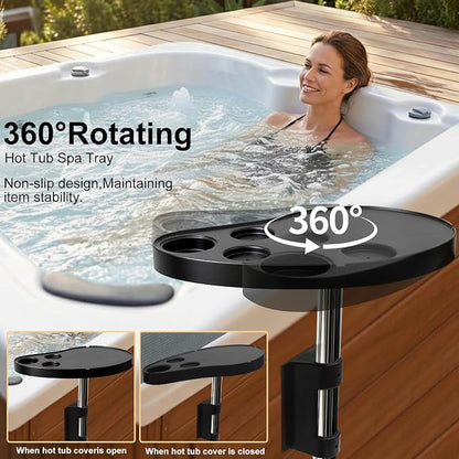 Hot Tub Tray Table with Cup Holders & Phone Holder, 360° Rotating Spa Side Table, Adjustable Hot Tub Side Table for Drinks, Snacks & Accessories, Waterproof Spa Tray