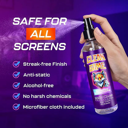 Clean Game Monitor Cleaner Spray & Microfiber Cloth 8oz, Streak-Free Computer Screen Cleaner Spray and Wipe for Gaming, Computer, Phone, iPad, MacBook Laptop Cleaning Kit Electronic Screen Cleaners