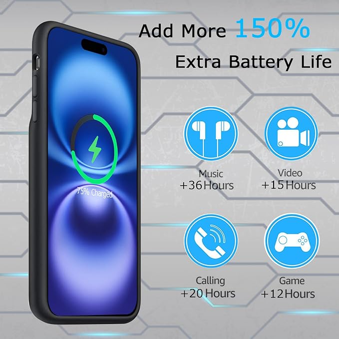 Battery Case for iPhone 16, Upgraded 10000mAh Ultra-Slim Rechargeable Portable Extended Battery Pack Support Qi Wireless Charging Case Compatible with iPhone 16 (6.1 inch) Charger Case Cover(Black)