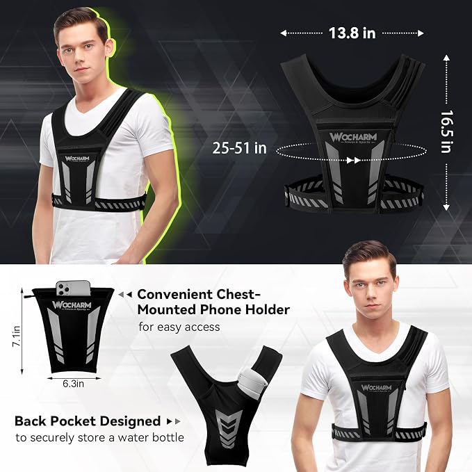 Reflective Vest Chest Phone Holder, Adjustable Hydration Training Workout Gear for Nighttime Running Biking